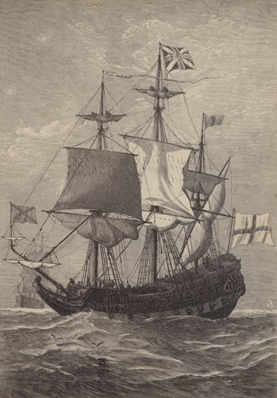 The hoisting of the first Union Jack at sea, 1606 by English School